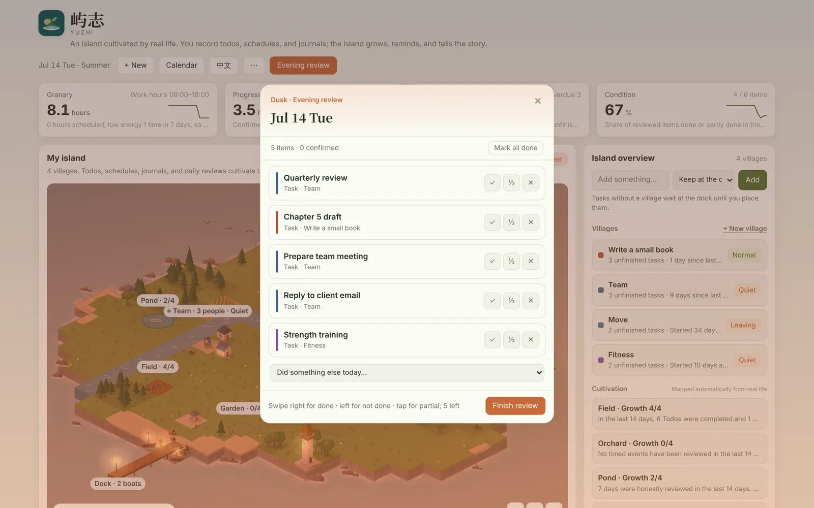 The evening review panel at dusk, listing five tasks with done, partly done, and not done buttons